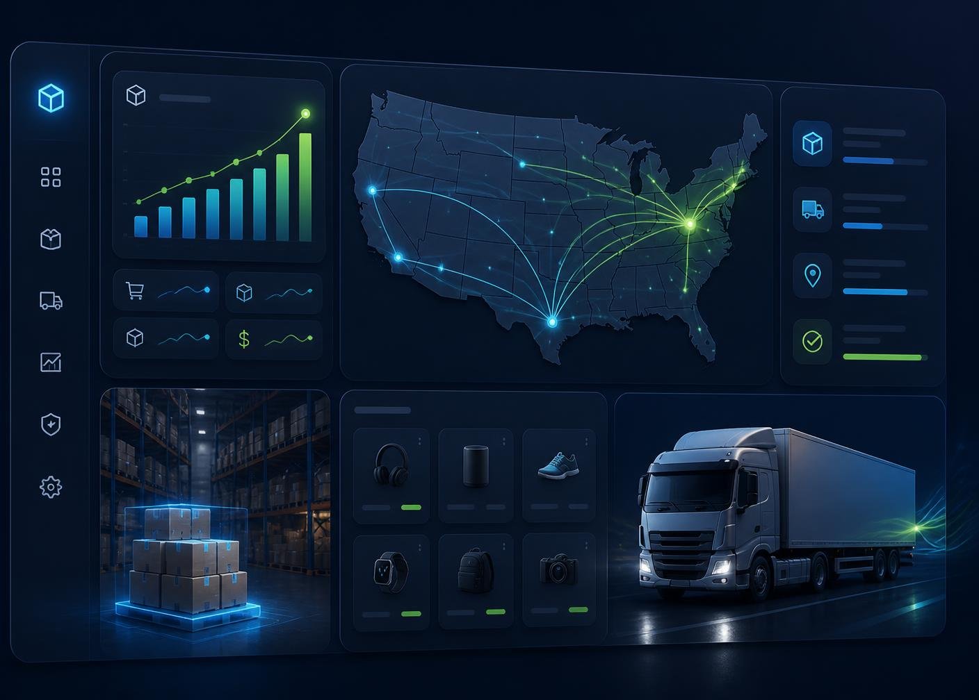DreamFood BD warehouse dashboard showing US shipping routes, live order analytics, and same-day fulfillment